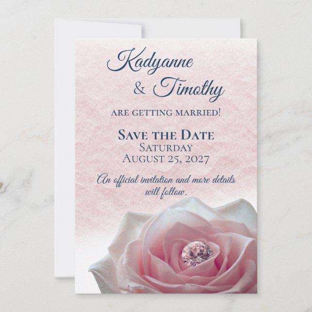 Pink Rose with Diamond Wedding Save The Date (Front)