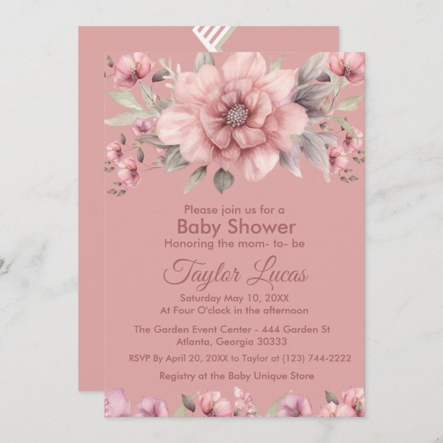 Pink Rose with Greenery Baby Shower Invitation (Front/Back)