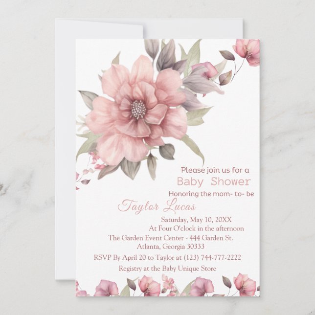 Pink Rose with Greenery Baby Shower Invitation (Front)