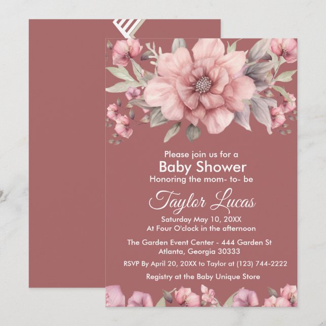 Pink Rose with Greenery Baby Shower Invitation (Front/Back)
