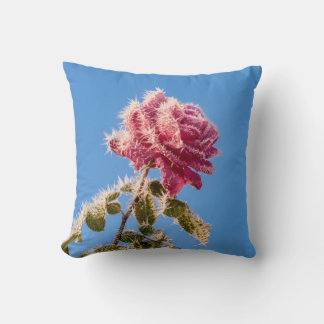 Pink Rose with Icy Frost in a Cold Winter Nature - Cushion
