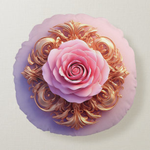 Pink Rose With Intricate Gold Ornamental Details Round Cushion