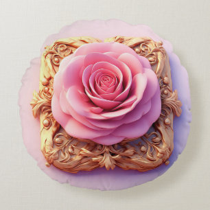 Pink Rose With Intricate Gold Ornamental Details Round Cushion