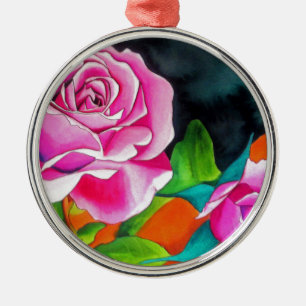 Pink Rose with orange watercolor art Metal Tree Decoration