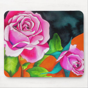Pink Rose with orange watercolor art Mouse Mat