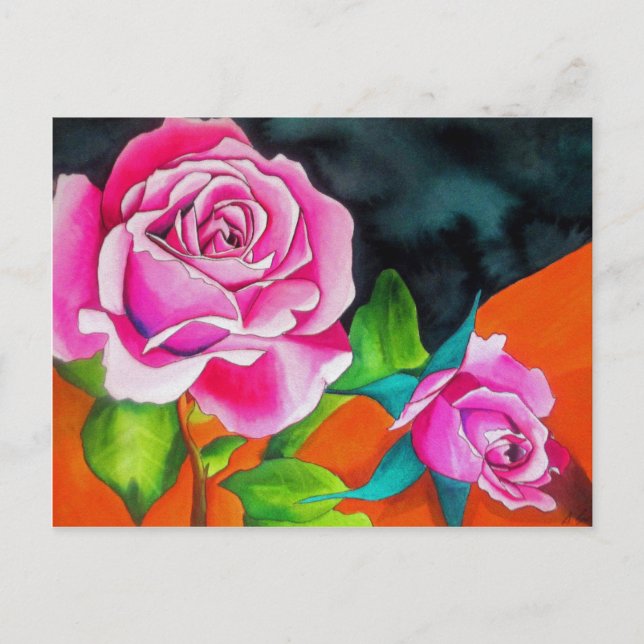 Pink Rose with orange watercolor art Postcard (Front)
