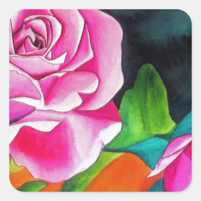 Pink Rose with orange watercolor art Square Sticker (Front)