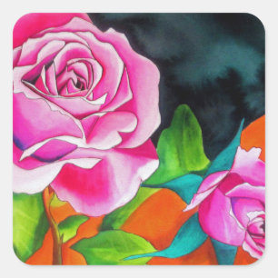 Pink Rose with orange watercolor art Square Sticker