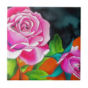 Pink Rose with orange watercolor art Tile