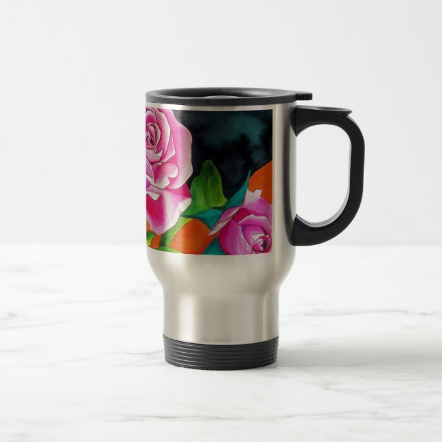 Pink Rose with orange watercolor art Travel Mug (Right)