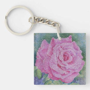 Pink Rose with Raindrops Key Ring
