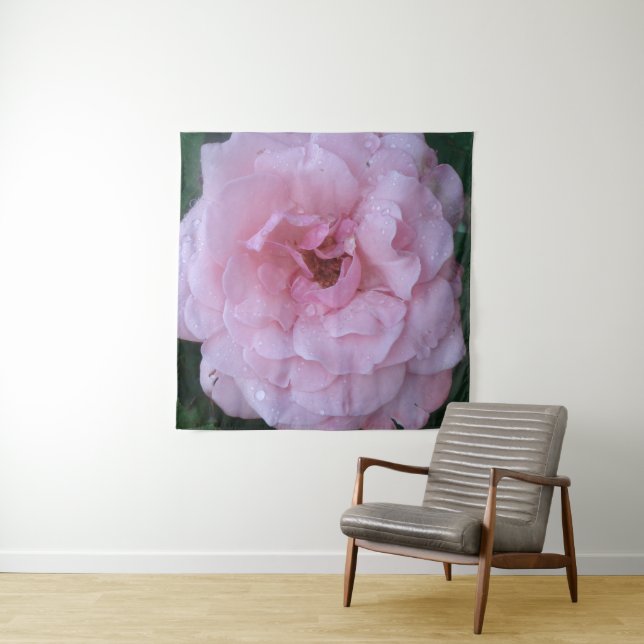 Pink Rose with Raindrops Wall Art Tapestry (In Situ)