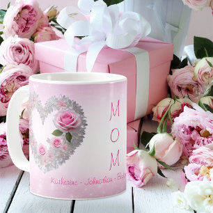 Pink Rose with Silver Leaf Heart Mum's Coffee Mug