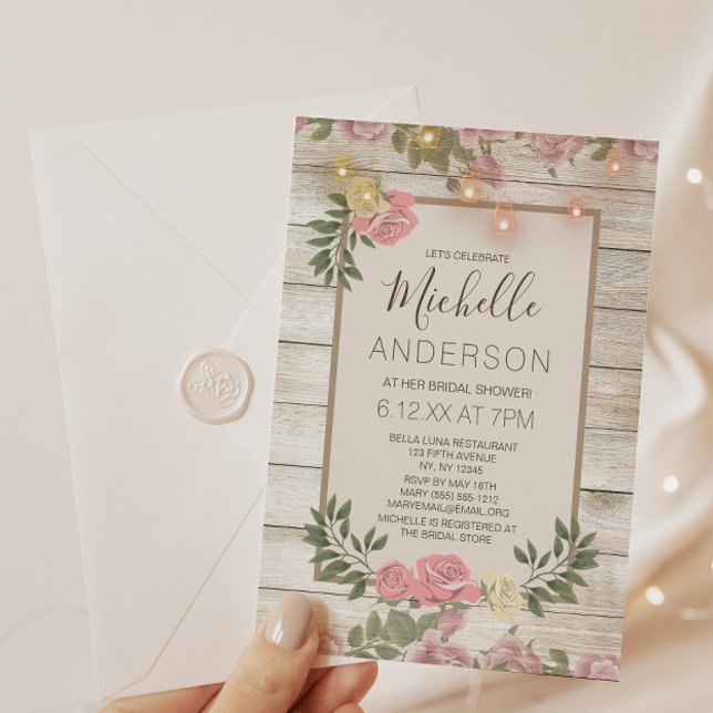Pink Rose Wood Mason Jar LightS BRIDAL SHOWER Invitation (Creator Uploaded)