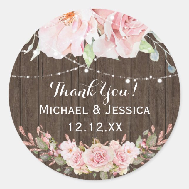 Pink Rose Wood Mason Jar Lights Thank You Classic Round Sticker (Front)