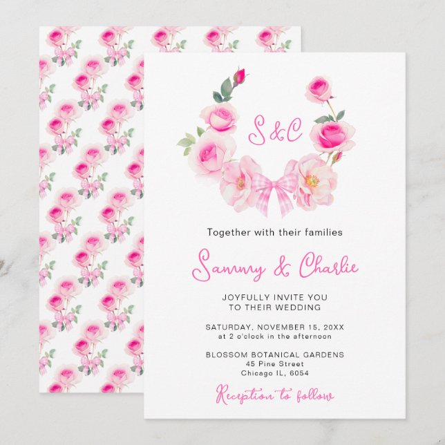 Pink Rose Wreath Coquette Bow Wedding Invitation (Front/Back)