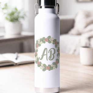 Pink Rose Wreath Monogram Water Bottle