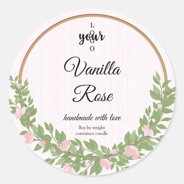 Pink Rose Wreath Template Container Candle Label (Front)