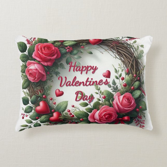 Pink Rose Wreath Valentines Day  Decorative Cushion (Front)