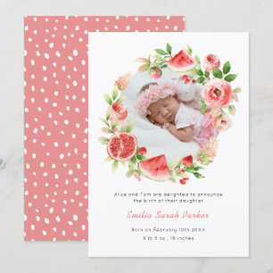 Pink Rose Wreath Watermelon Elegant Floral Birth Announcement