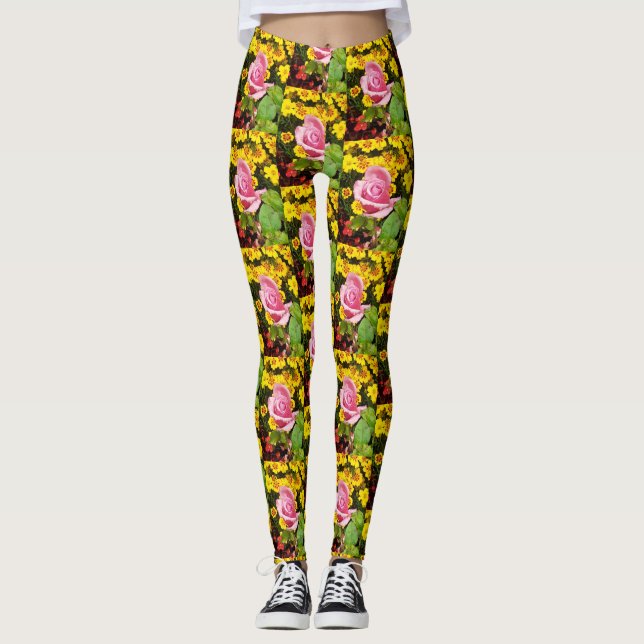 Pink Rose & Yellow Flowers  Leggings (Front)