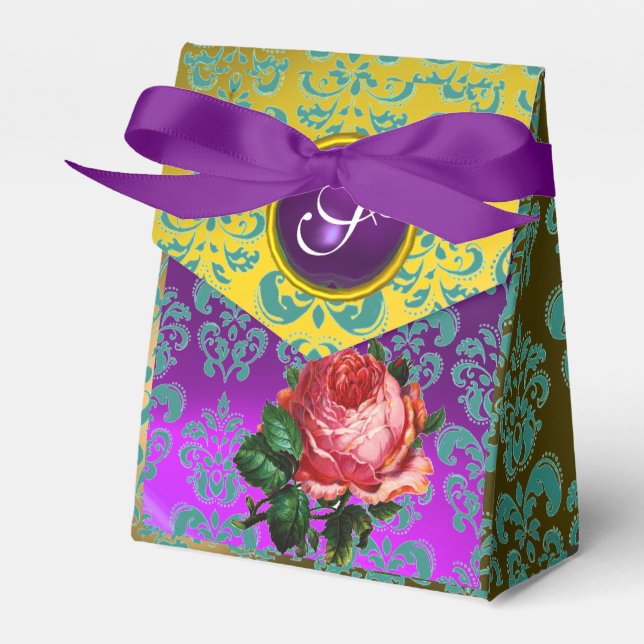 PINK ROSE ,YELLOW TEAL DAMASK, PURPLE GEM MONOGRAM FAVOUR BOX (Front Side)