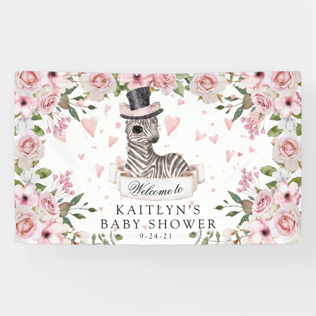 Pink Rose Zebra Baby Shower Banner (Horizontal)