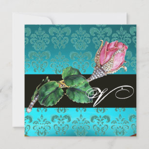 PINK ROSEBUD DIAMOND JEWEL , BLUE DAMASK MONOGRAM INVITATION