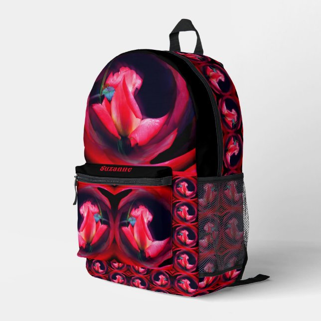 Pink Rosebud Floral Abstract  Personalised Printed Backpack (Back Corner Right)