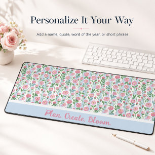 Pink Rosebud Floral Blue Stripe Quote Name Desk Mat