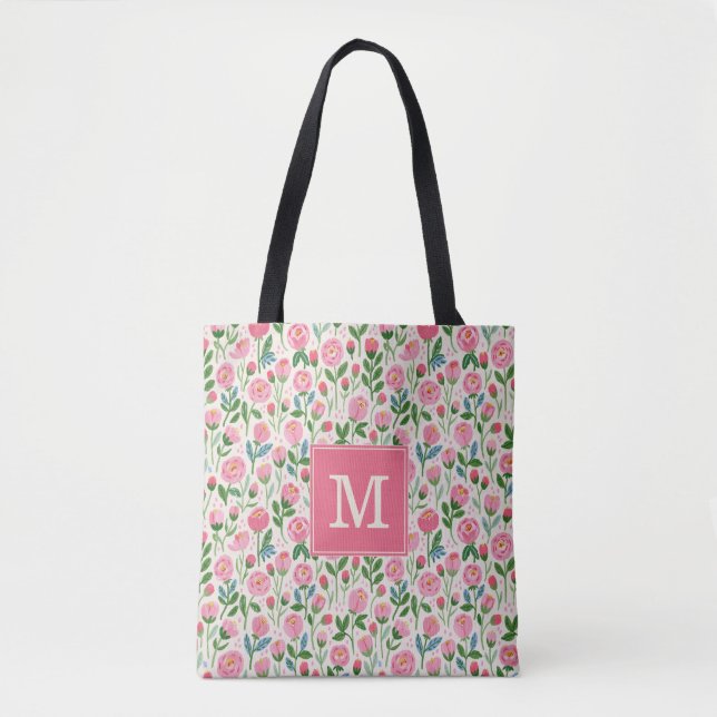 Pink Rosebud Floral Tote Bag (Front)