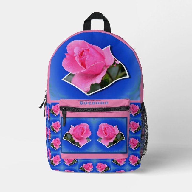 Pink Rosebud Flower Out Of Bounds Printed Backpack (Front)