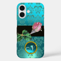PINK ROSEBUD JEWEL, BLUE TEAL DAMASK GEM MONOGRAM