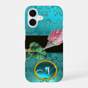 PINK ROSEBUD JEWEL, BLUE TEAL DAMASK GEM MONOGRAM iPhone 16 CASE