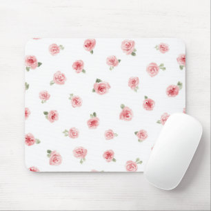 Pink Rosebud Watercolor Floral Vintage Rose White Mouse Mat