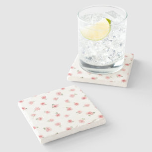 Pink Rosebud Watercolor Floral Vintage Rose White Stone Coaster