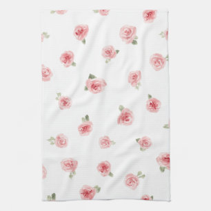 Pink Rosebud Watercolor Floral Vintage Rose White Tea Towel