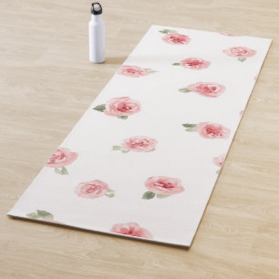 Pink Rosebud Watercolor Floral Vintage Rose White Yoga Mat