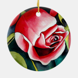 Pink Rosebud watercolor painting art flower Ceramic Tree Decoration