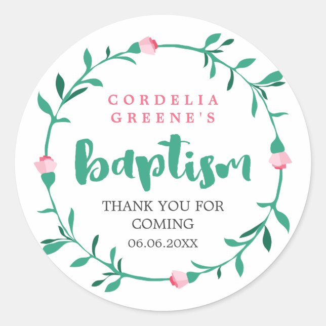 Pink Rosebud Wreath | Thank You Baptism Classic Round Sticker (Front)