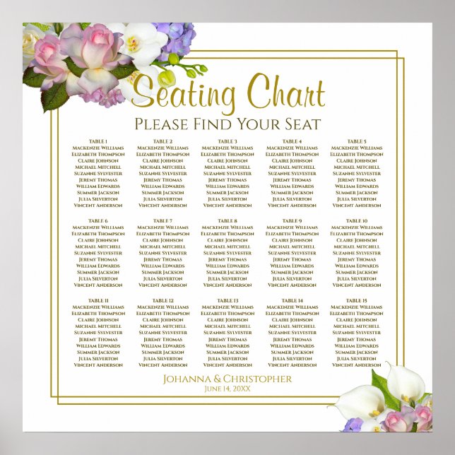 Pink Rosebuds 15 Table Wedding Seating Chart (Front)