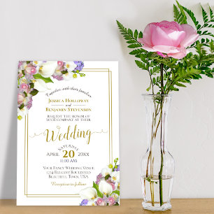 Pink Rosebuds & Calla Lilies Gold and Pink Wedding Invitation