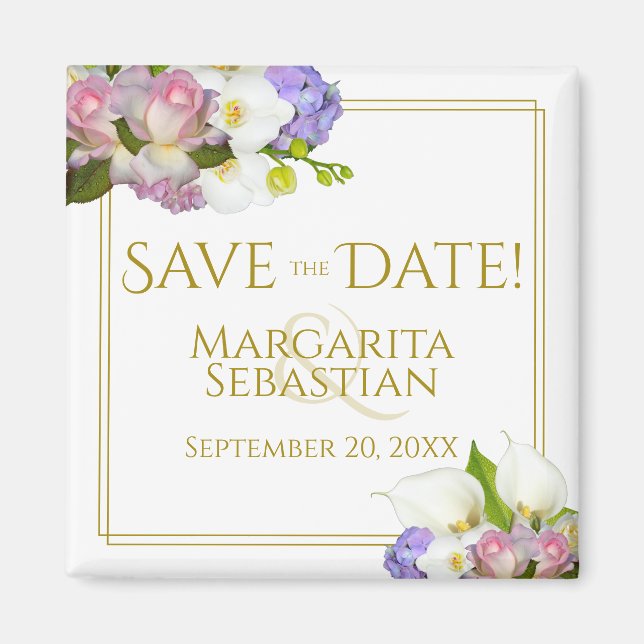 Pink Rosebuds & Calla Lilies Wedding Save the Date Magnet (Front)