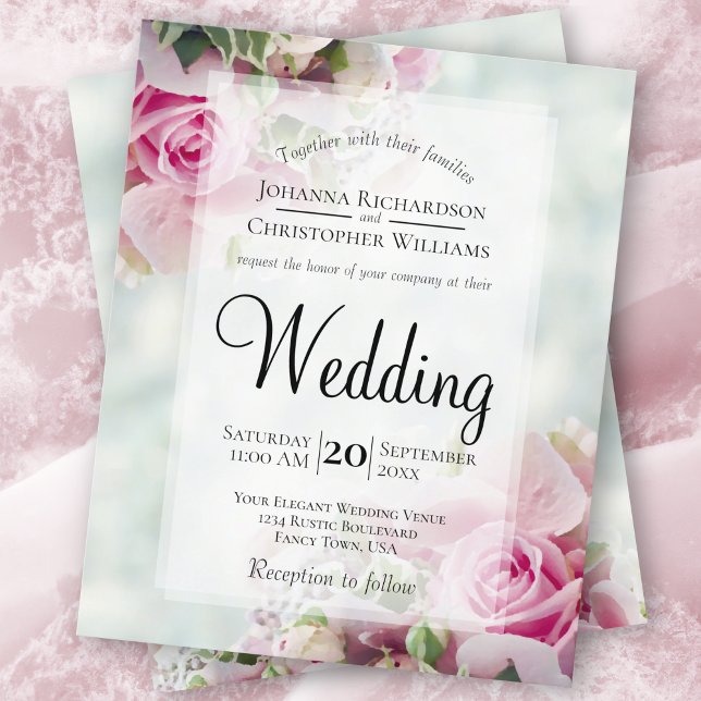 Pink Rosebuds on Teal BUDGET Wedding Invitation (Creator Uploaded)