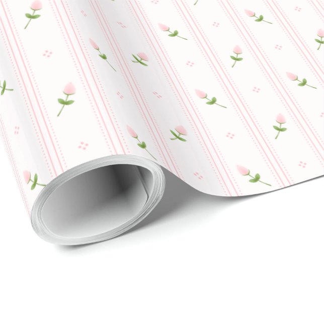 Pink Rosebuds with Stripes Wrapping Paper (Roll Corner)