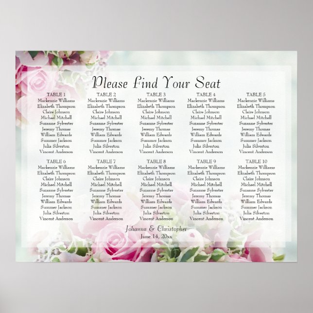 Pink Roses 10 Table Wedding Seating Chart (Front)