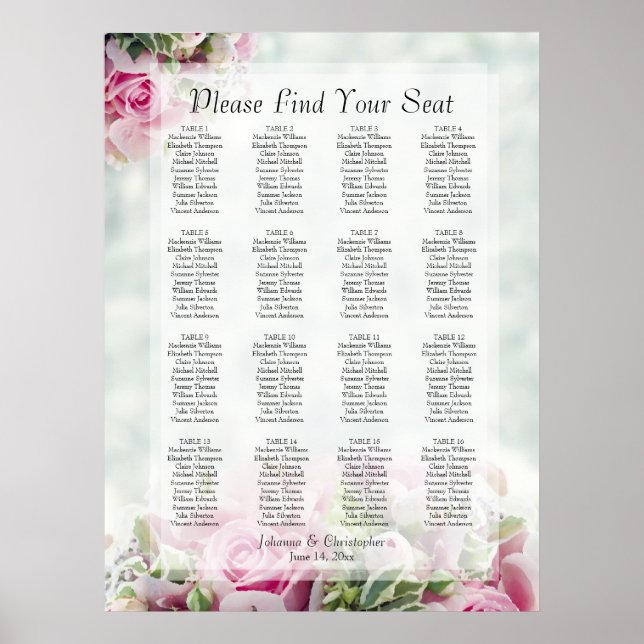 Pink Roses 16 Table Wedding Seating Chart (Front)