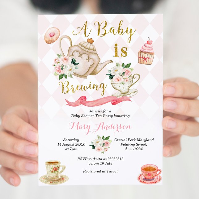 Pink Roses A Baby Is Brewing Tea Party Baby Shower Invitation (Creator Uploaded)