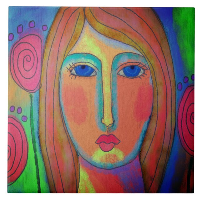 Pink Roses Abstract Digital Painting Tile (Front)