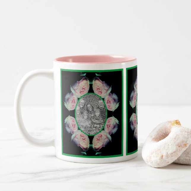 Pink Roses Abstract Frame Add Your Photo Two-Tone Coffee Mug (With Donut)